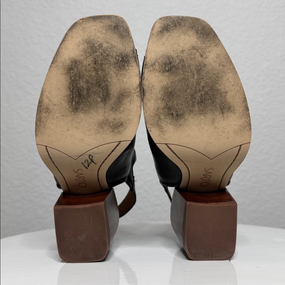 FRANCO SARTO ICELYNN BLACK LEATHER PEEP TOE BLOCK HEELED ANKLE STRAP BOOTIE - Picture 11 of 15